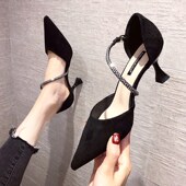 尖K头中跟细跟水钻时装 春秋黑色交叉带包头凉鞋 女2024年新款 高跟