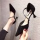 尖K头中跟细跟水钻时装 春秋黑色交叉带包头凉鞋 女2024年新款 高跟