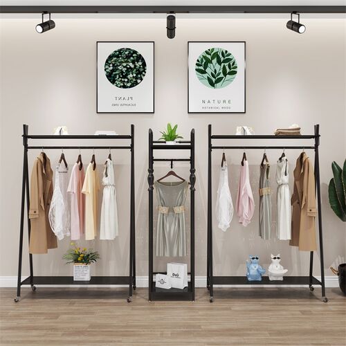 北欧服装店展示架女装网红挂衣服架鞋包架正挂衣杆带W板移动带轮