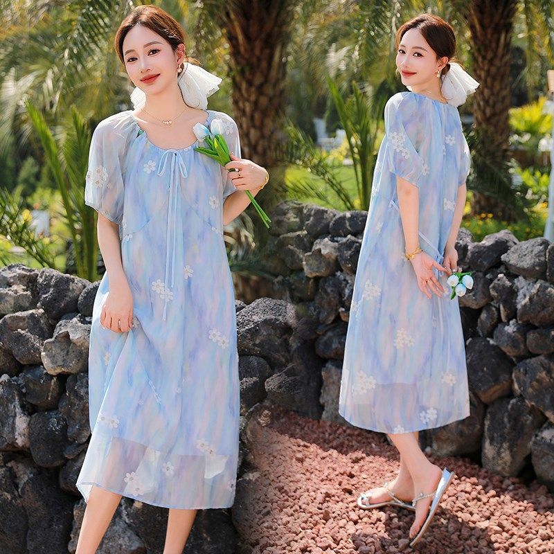 孕妇装夏装2025新款连衣裙韩版时尚孕期短袖雪纺裙遮肚裙可收腰