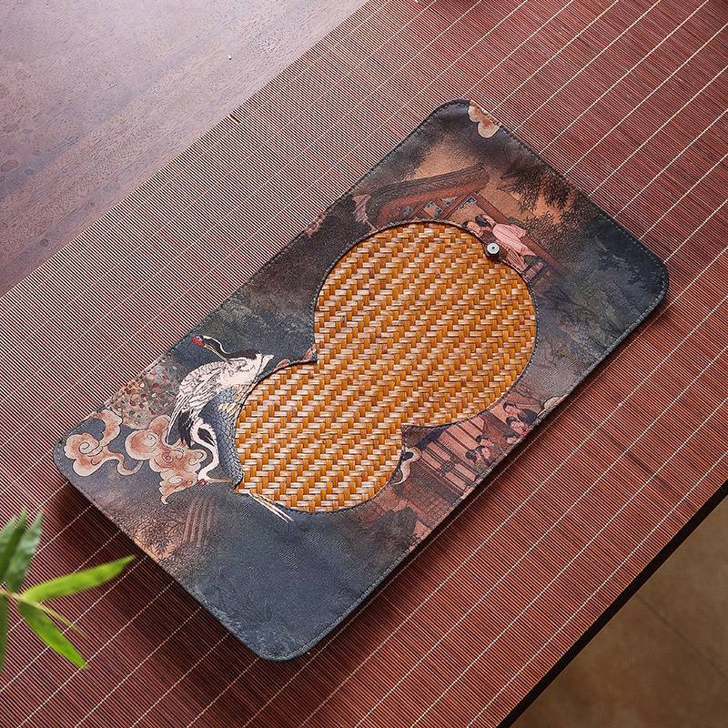 古韵手工创意中式竹编缎面印花茶道茶席桌旗席布竹多样式茶道配件