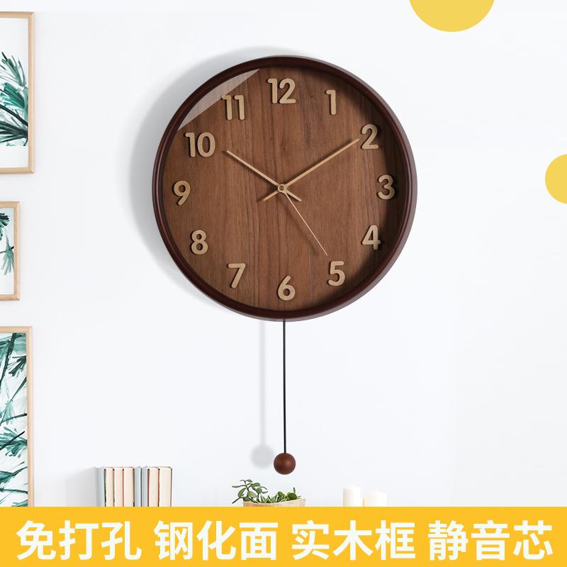 实木静音挂钟客厅家用时尚立体带摆挂墙时钟简约电波石英钟表