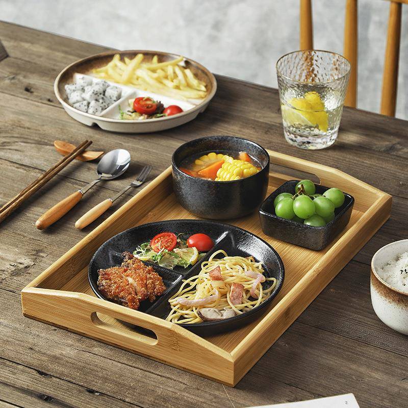 一人食早餐分格餐盘套装餐具快餐店饭盒餐盘带木托