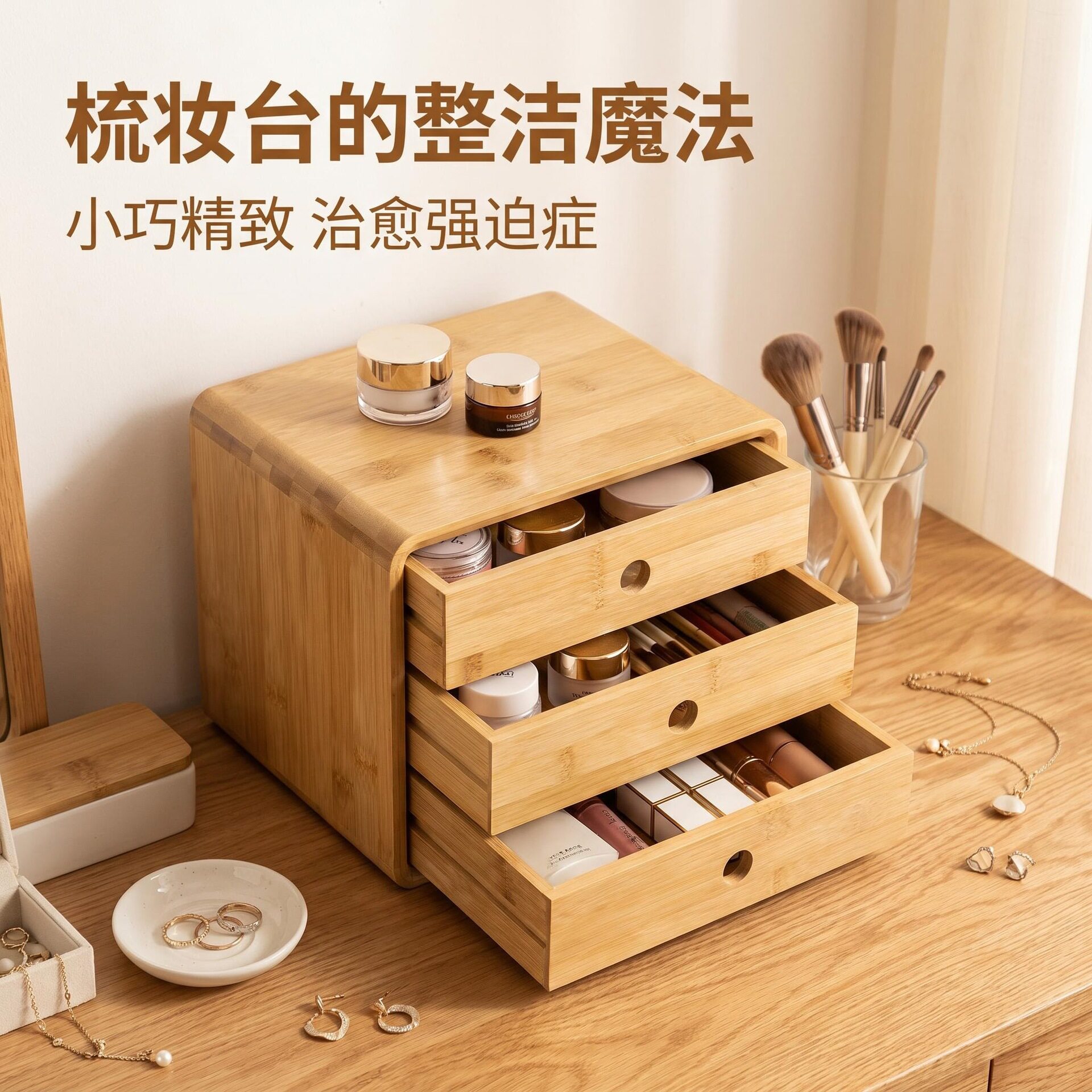 竹木抽拉家居办公抽屉式桌面收纳木盒整理柜置物架木盒子
