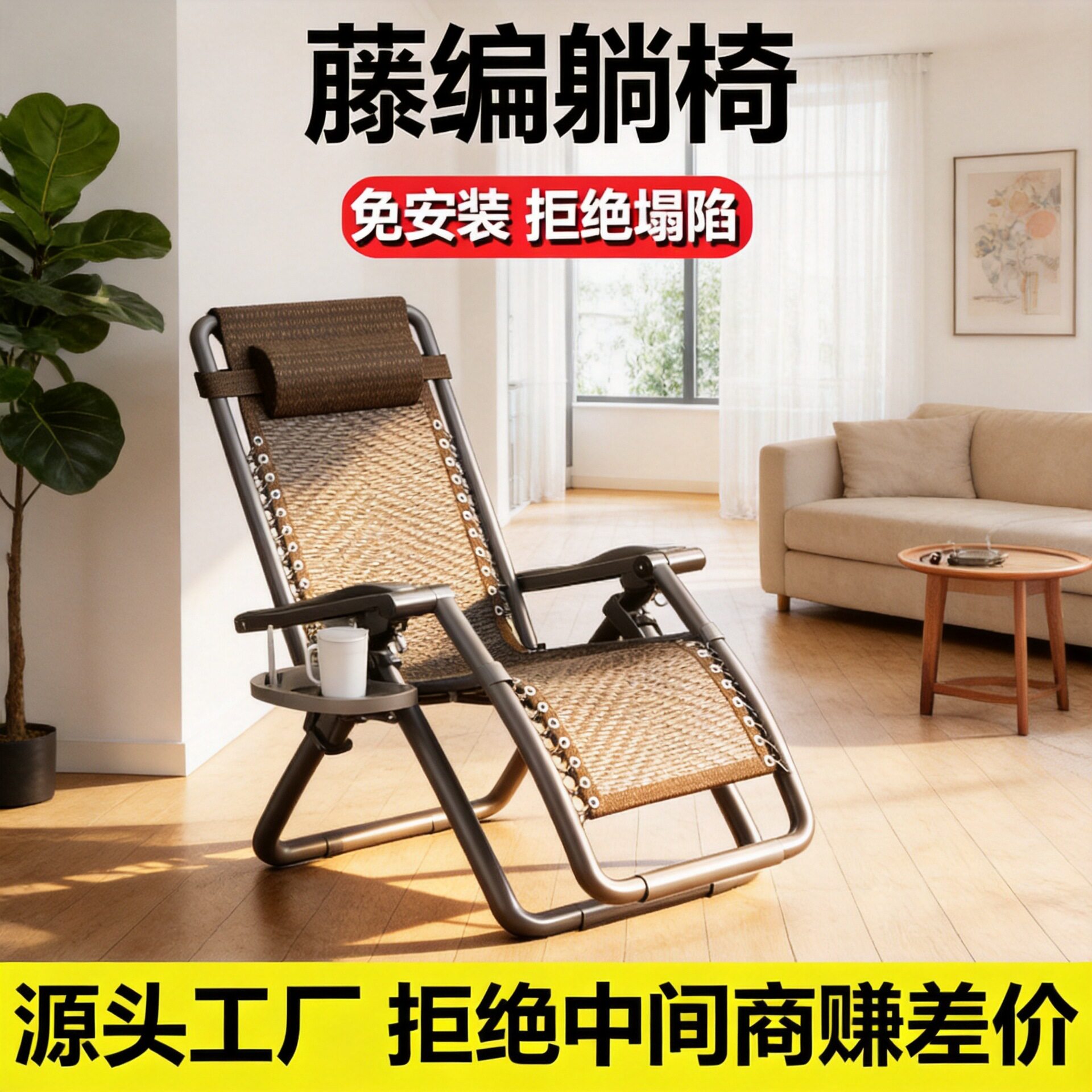 折叠躺椅午休折椅靠背阳台家用老人休闲午睡懒人床椅沙发藤编椅子