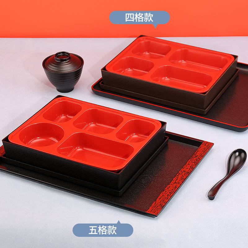 日式木纹便当盒塑料寿司盒套餐盒饭盒多格分格带盖外卖餐盒商务风