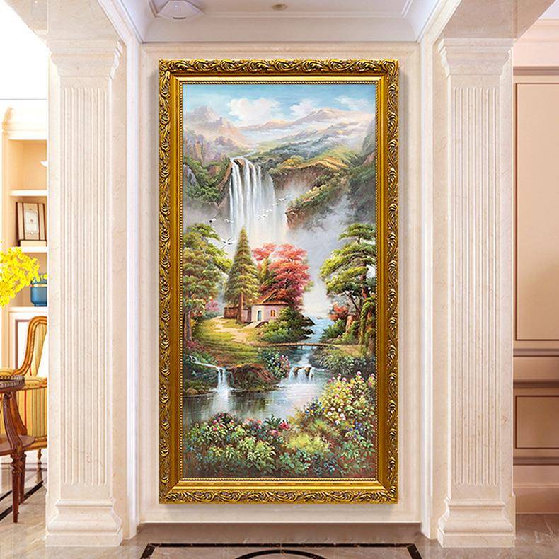 手绘油画玄关装饰画竖版走廊过道挂画美式风景山水壁画聚宝盆