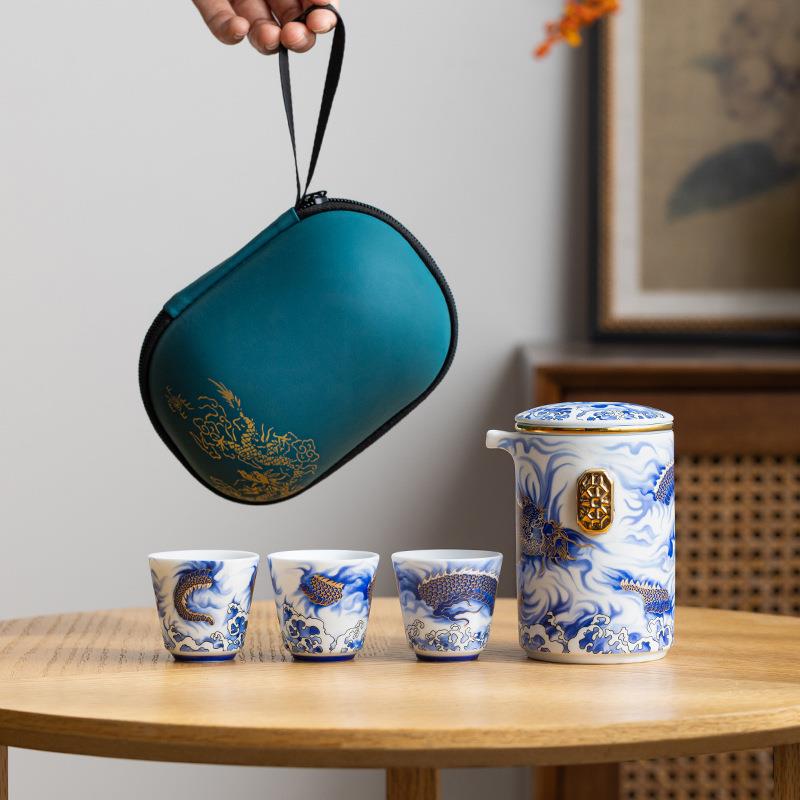 腾龙四海玉白瓷旅行茶具套装高端简约便携式收纳包户外泡茶器