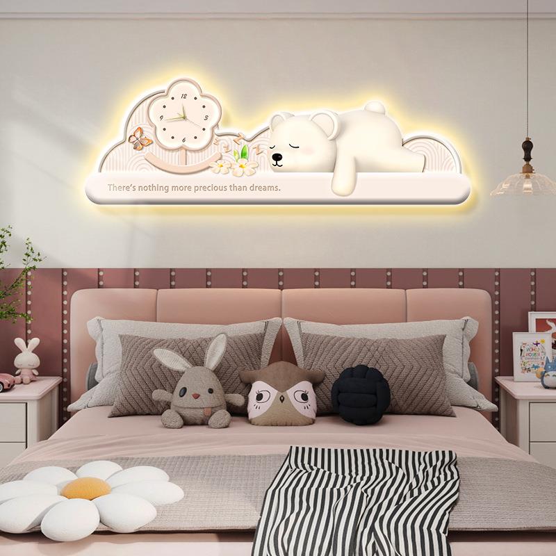 奶油风卧室床头装饰画卡通奶油熊创意钟表挂画儿童房led灯画壁画