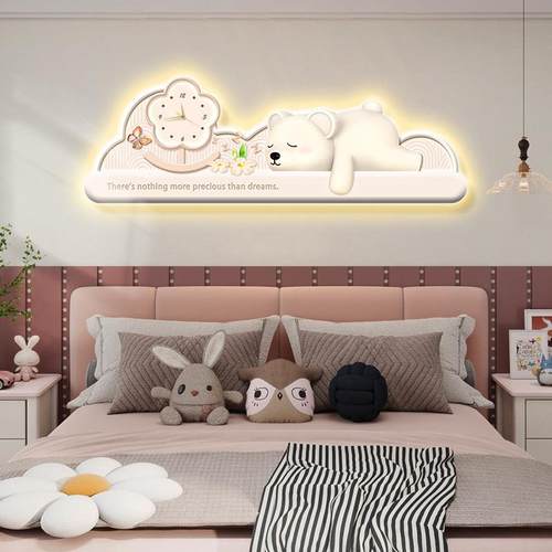 奶油风卧室床头装饰画卡通奶油熊创意钟表挂画儿童房led灯画壁画