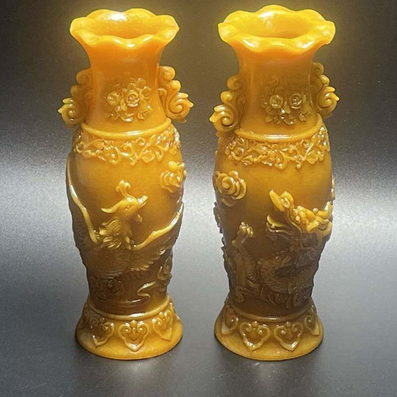 黄龙玉手工雕刻仿寿山石摆件精品家居雕刻摆件花瓶一对工艺送礼