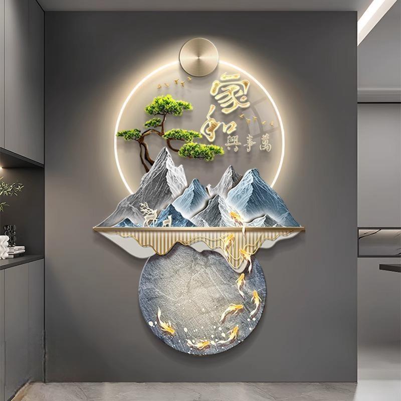 家和万事兴玄关装饰画新中式鱼山水led灯画高档走廊过道挂壁画