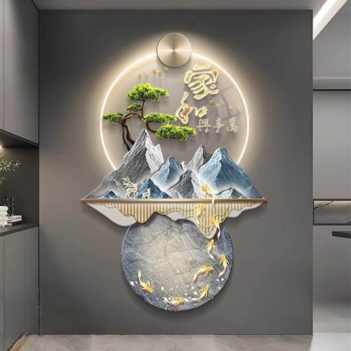 家和万事兴玄关装饰画新中式鱼山水led灯画高档走廊过道挂壁画