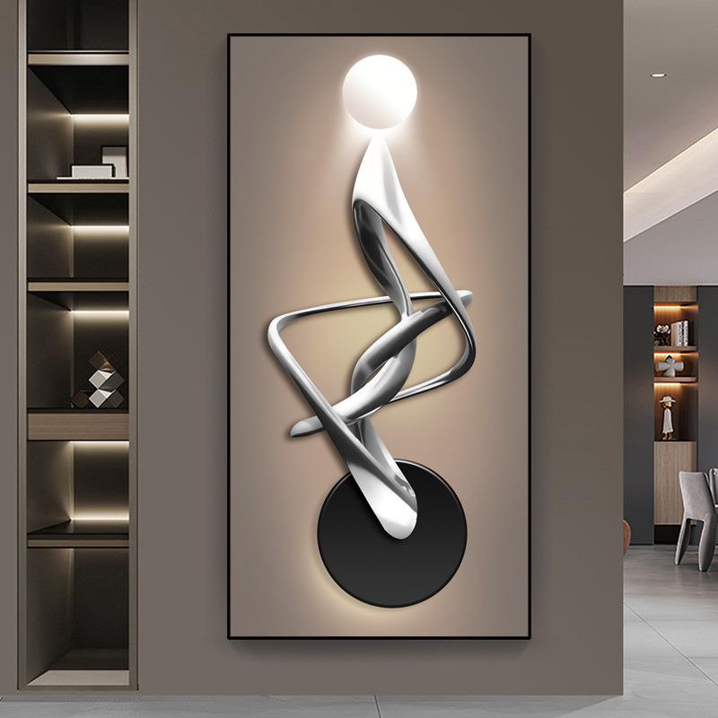 黑白灯光抽象入户玄关装饰画楼梯间竖版挂画现代轻奢过道走廊壁画
