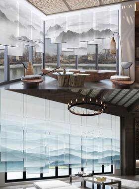 A10L半透明办公室遮光遥控中日式定制手动电动山水卷帘软隔断屏