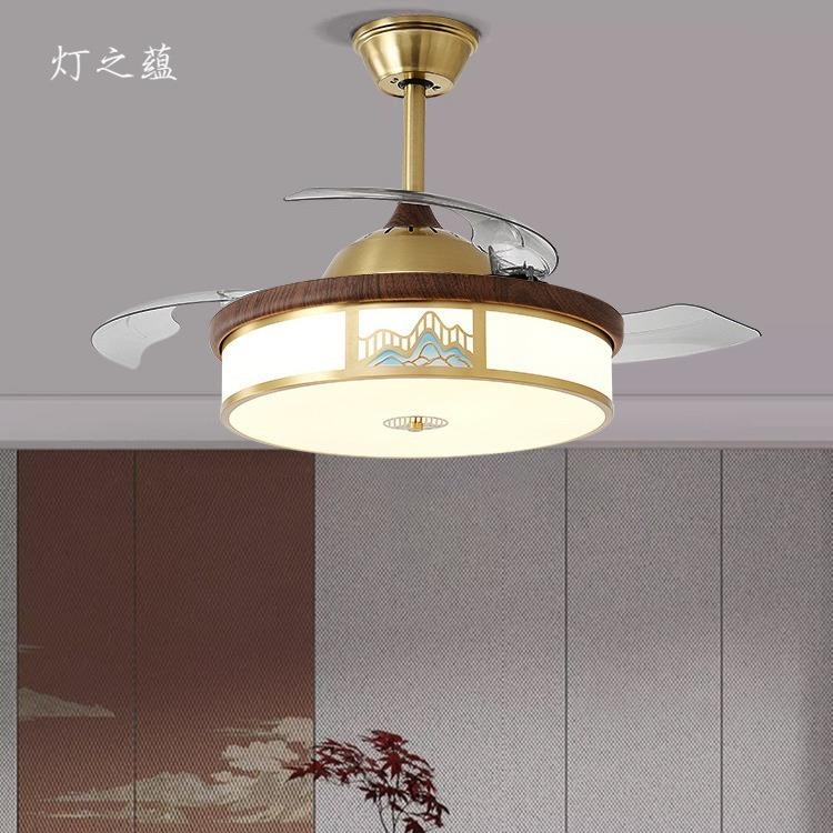 新中式风扇吊灯全铜黑胡桃木卧室灯中国风餐厅全光谱隐形风扇灯