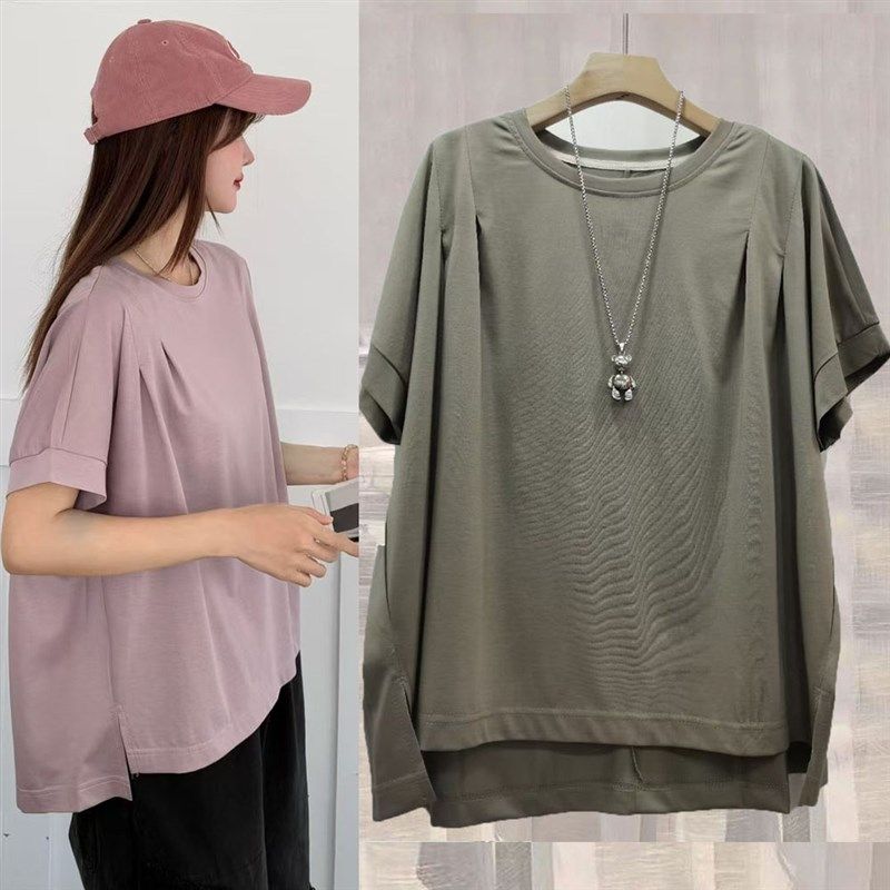 2025夏季新款时尚不规则前短后长设计感短袖T恤褶皱宽松女装上衣