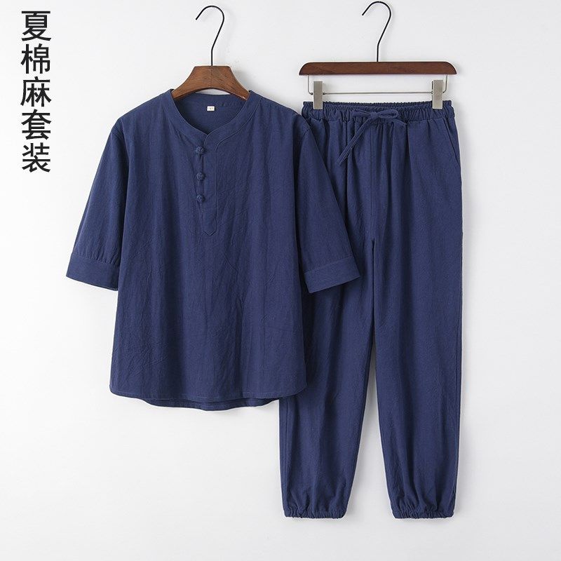 中国风五分袖棉麻套装男短袖t恤V领半袖中式复古唐装宽松束脚裤,男装,唐装,淘宝优惠券,粉丝福利购,淘宝优惠卷