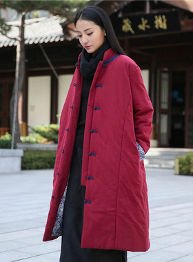 国风棉衣女中长款复古改良汉服棉袄中式盘扣棉服宽松大码夹棉外套