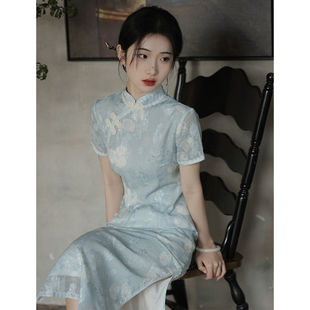 蓝色旗袍少女夏季改良年轻款高端气质国风小清新淡雅新中式连衣裙