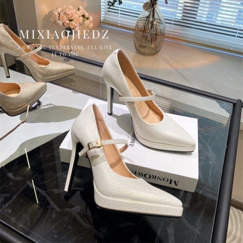 11.5cm高跟鞋子女2024新款爆款浅口尖头防水台细跟细闪金色单鞋