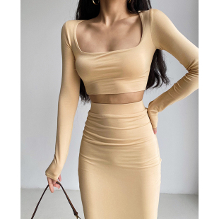 春秋超短款紧身长袖u领T恤一步裙两件套装法式包臀半身方领长裙女