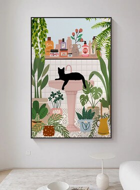 波普风抽象黑色猫咪客厅装饰画A玄关绿植盆栽手绘油画小众艺术挂
