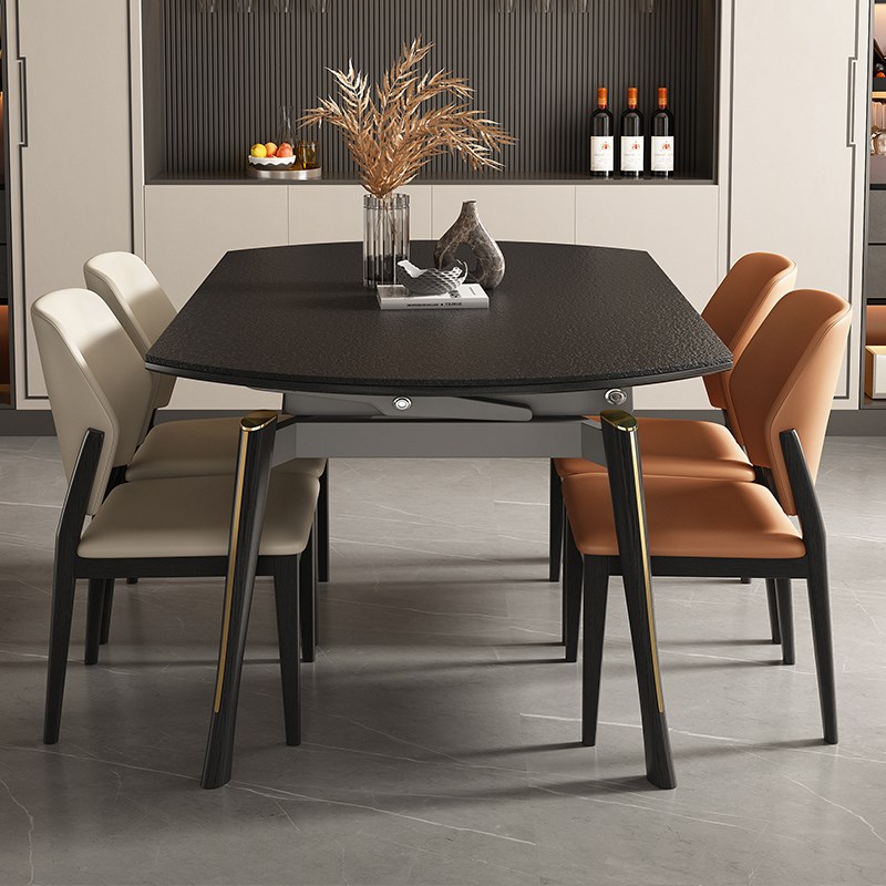 轻奢北欧岩板餐桌可折叠伸v缩变圆桌现代简约火烧石餐桌实木吃饭