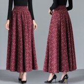 春秋新款 清新红色碎花棉麻半身裙女2024高腰中长款 大摆跳舞长裙子