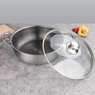 商用 不b锈钢新款蜂窝火锅带盖双耳平底汤锅不粘锅 电磁炉通用