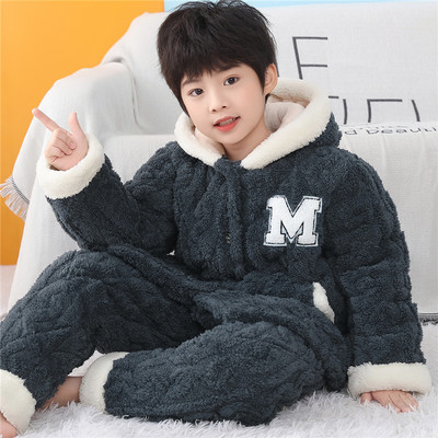 男童冬季三层夹棉加厚加绒女童睡衣加大码保暖超厚款法兰绒家居服