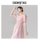 法式 粉色连衣裙女2023年夏季 新款 方领高腰显瘦气质小众高级感裙子