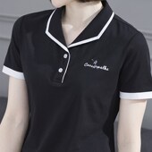 t恤白色打底衫 纯色女t恤工装 上衣夏装 黑色翻领字母刺绣花短袖 半袖