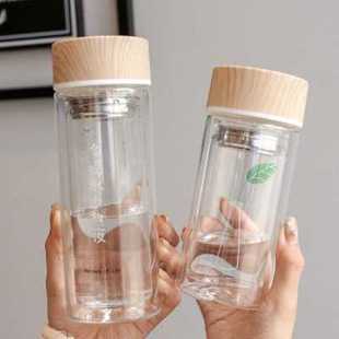 竹纹盖玻璃杯双层隔热透明耐高温水杯礼品广告杯子定制logo