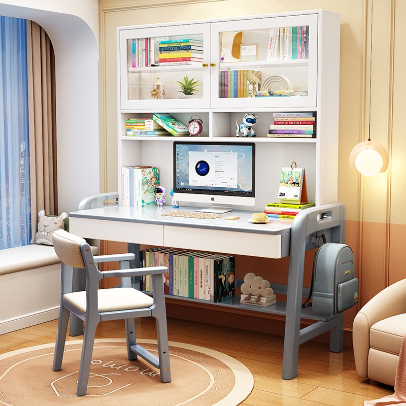 实木简约现代书桌书架书柜组合一体台式电脑桌家用书房儿童写字桌