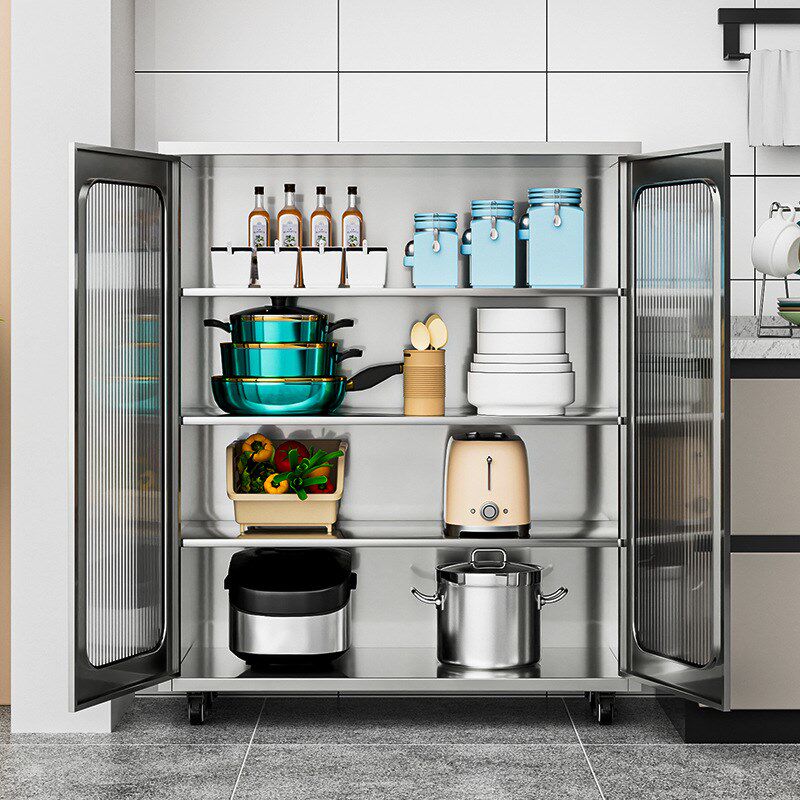 不锈钢厨房柜碗柜家用落地餐边柜多功能锅具收纳柜玻璃门带轮橱柜