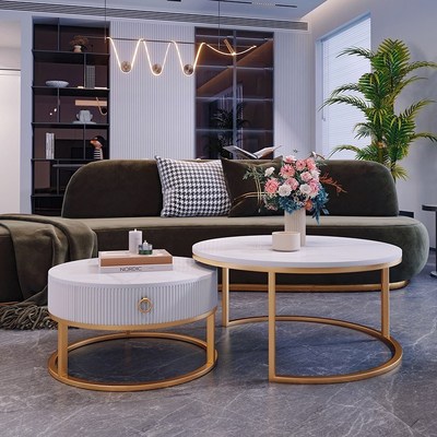 圆形茶几花几简约现代岩板小户型轻奢 客厅子母桌家用极简奶油风