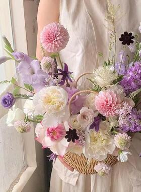 东方家 半月形复古风手提花铁艺造型篮鲜花绿植鲜花收纳F13白色