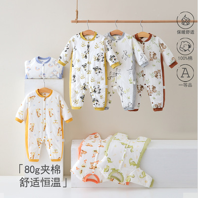 婴儿连体衣纯棉a类80克夹棉秋冬宝宝衣服保暖哈衣爬服新生儿睡袋