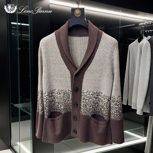 lp秋冬款老钱风棉麻青果领针织衫开衫外套商务休拼接撞色男士毛衣