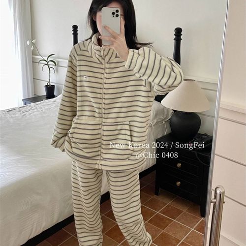 仙女印花拉炼家居服套装睡衣二件套冬季加厚珊瑚绒保暖女可外穿