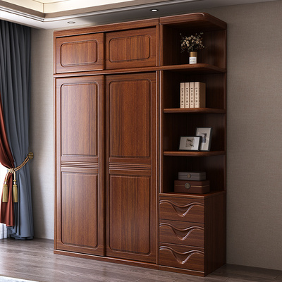 胡桃木推拉门衣柜家用卧室全实木中式小户型大容量衣橱原木储物柜