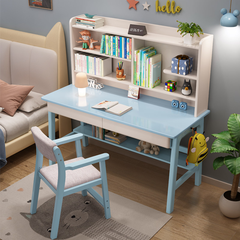 实木书桌学生家用小户型写字台儿童学习桌书架一体桌现代简约桌子