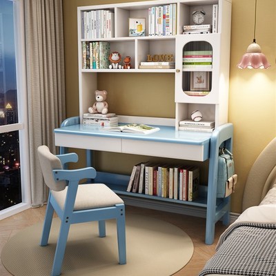 实木家用儿童学习桌带书架书椅青少年初中生电脑桌高中生书桌卧室