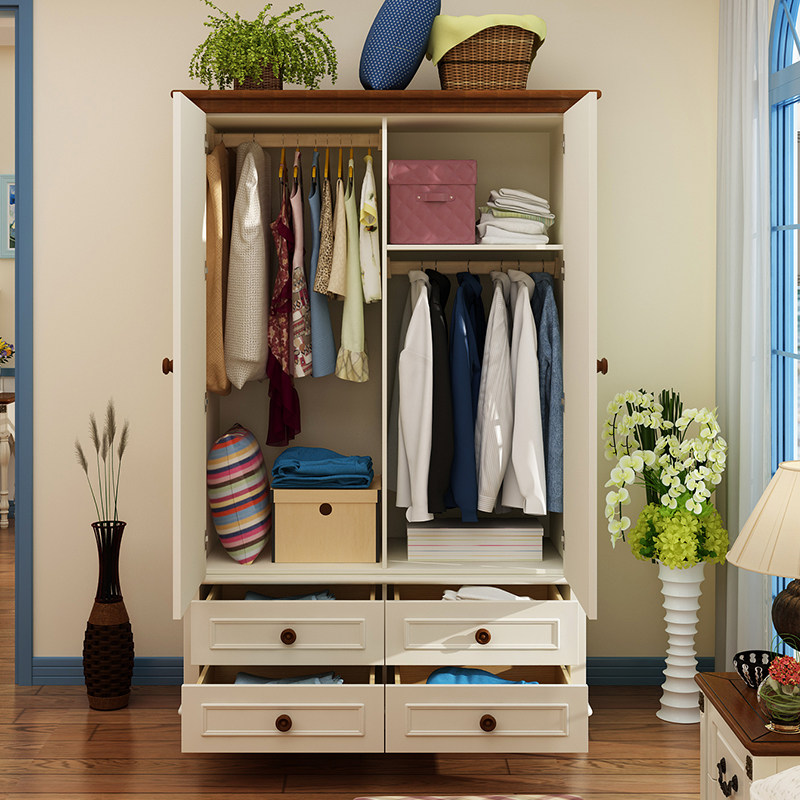 美式乡村实木两门衣柜 地中海卧室大空间储物衣柜 欧式储物衣橱