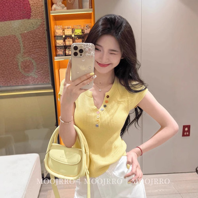 黄色V领短袖针织衫女夏季纯欲气质清纯系掐腰显瘦小个子短款上衣