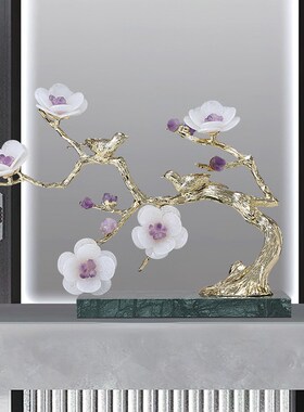 迎客松天然水晶石花喜上枝头摆件客厅玄关桌面简约家居软装饰品