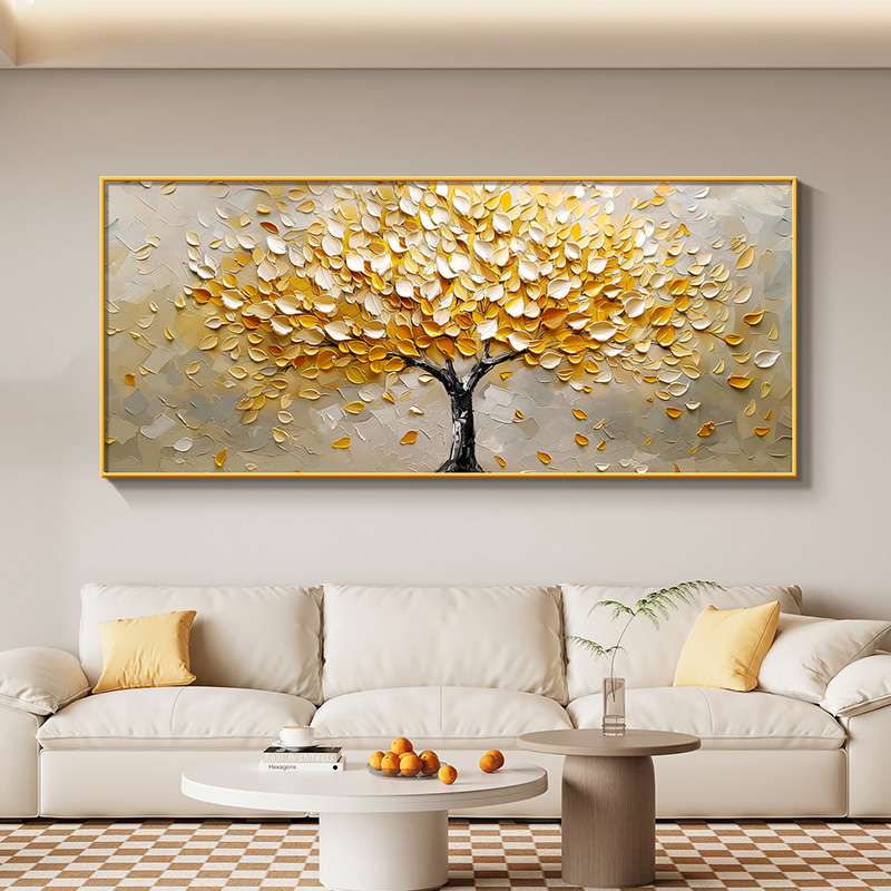 金色摇钱树客厅装饰画横版肌理感壁画奶油风招财沙发背景墙挂画