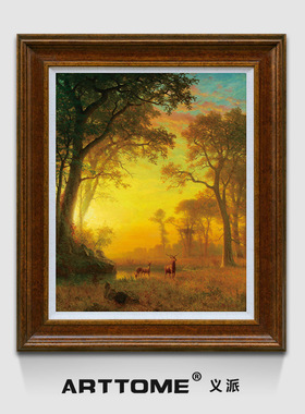 森林祥鹿 美式h客厅竖版装饰画 森林之光欧式玄关走廊风景油画版