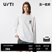 TI白色背部涂鸦纯棉T恤女装 百搭简约休闲长袖 尤缇2025夏季 新款